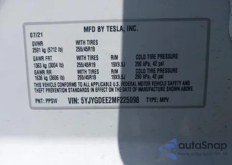 2021 Tesla Model Y Long Range Dual Motor All-Wheel Drive z USA, uszkodzony, nr VIN 5YJYGDEE2MF225098